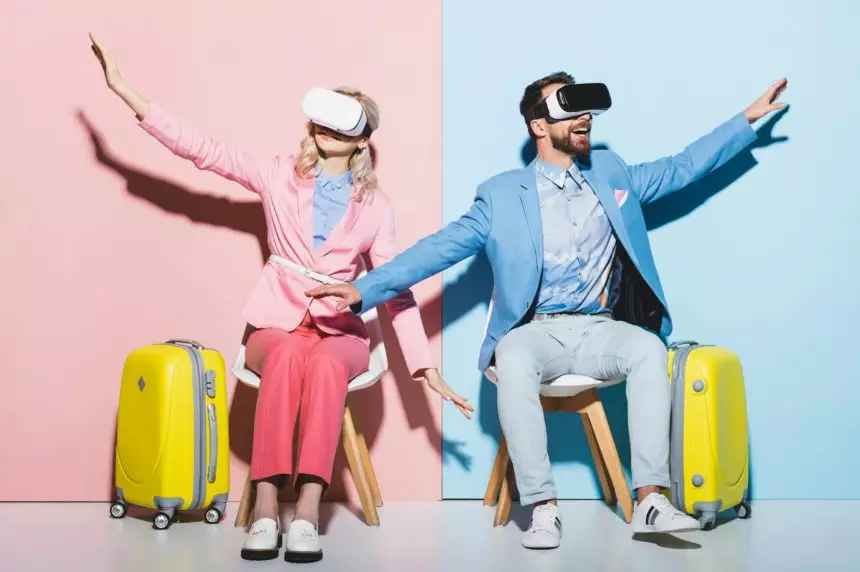 woman and smiling man in virtual reality headsets with outstretched hands on pink and blue